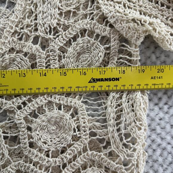 Y2K VTG Fever Cardigan L Beige Crochet V-Neck Tie Front Coquette Boho Festival - Picture 12 of 14